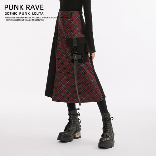 PUNKRAVE格纹拼接中长半裙
