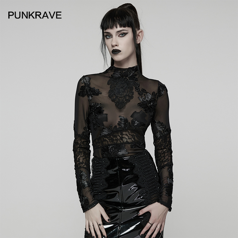 哥特风蕾丝拼接长袖T恤
