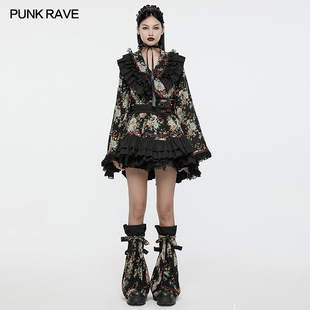 PUNKRAVE洛丽塔甜美长袖印花连衣裙蕾丝系带蛋糕裙草莓巫女A字裙