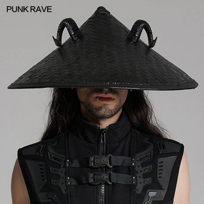 PUNKRAVE新款竹编黑色斗笠帽