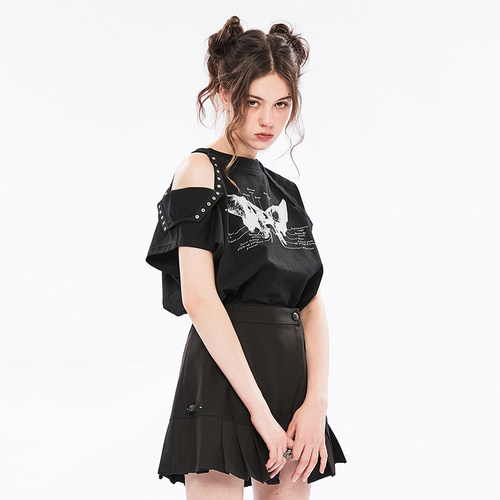 纯棉摇滚露肩夏季短袖甜酷上衣