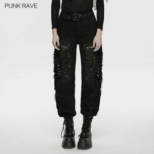 潮 复古重工阔腿裤 轻朋克风破洞补丁牛仔裤 女黑色重磅高街破坏长裤