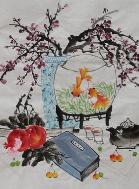 特价手绘无款宣纸国画四尺斗方花鸟清供图家居装饰字画RB58304