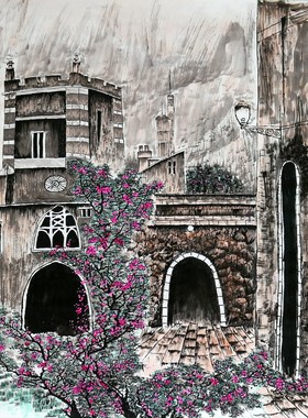 特价手绘无款国画家居水墨四尺斗方写生城堡欧式风格花鸟RL52106