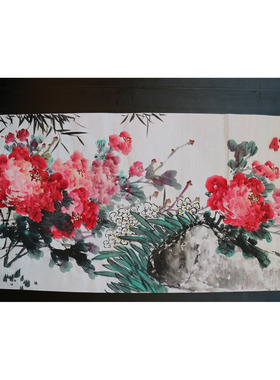 手绘写意无款四尺横幅牡丹紫藤国画富贵满堂客厅玄关装饰RF662341