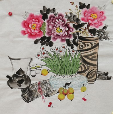 特价手绘无款宣纸国画四尺斗方花鸟清供图家居装饰字画RB58307