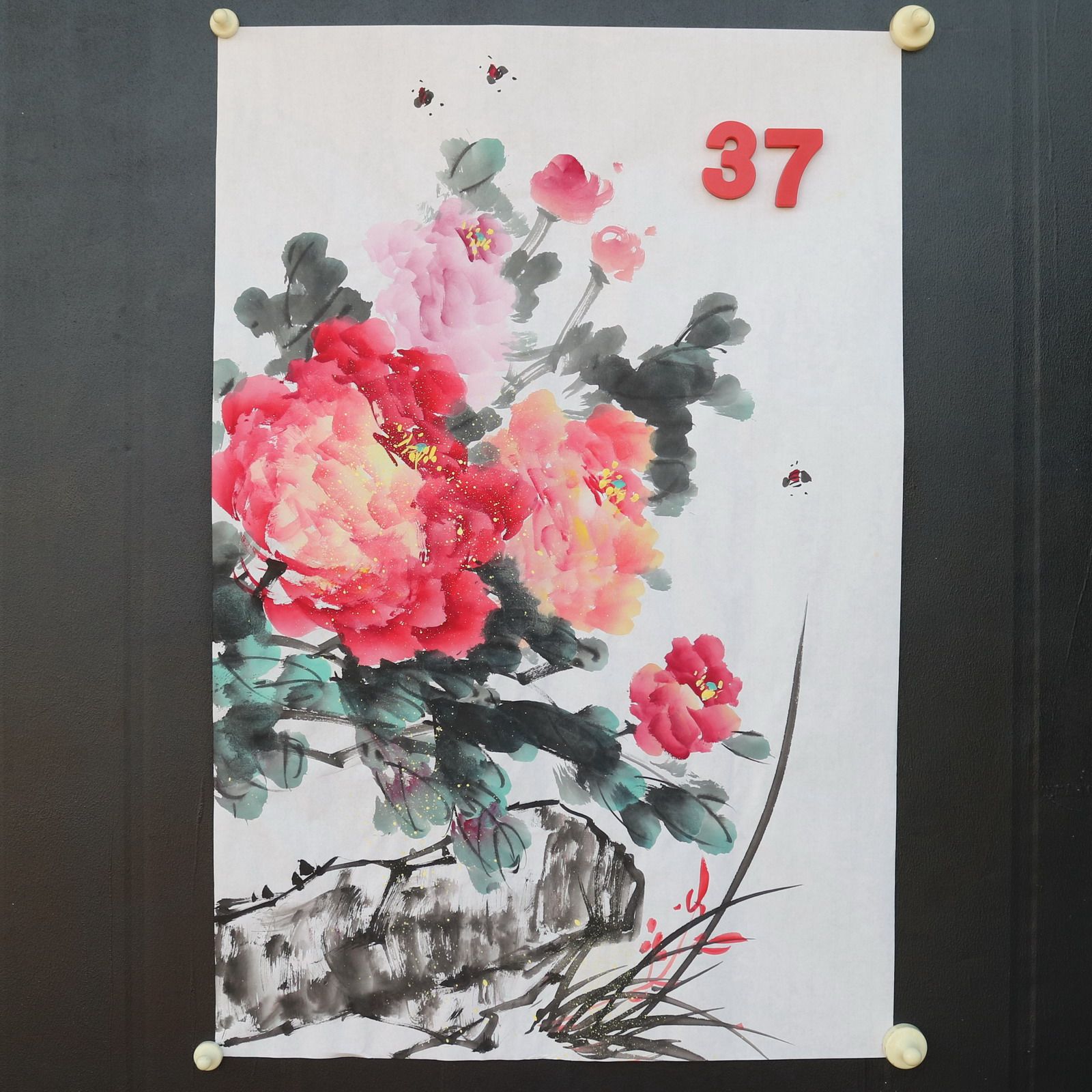 特价手绘无款四尺三开竖幅牡丹花鸟国画家居装饰字画RX5120137