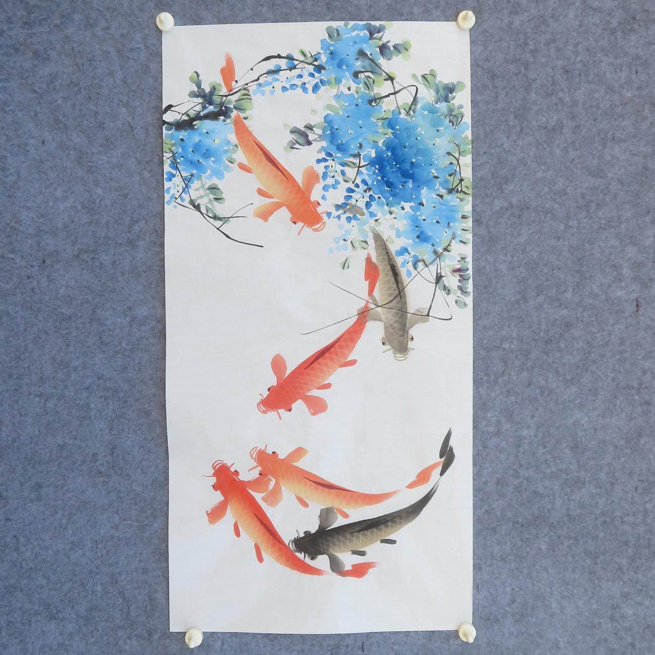 楼一阁书画 手绘水墨无款写意三尺花鸟 鱼荷花牡丹图装饰画R63