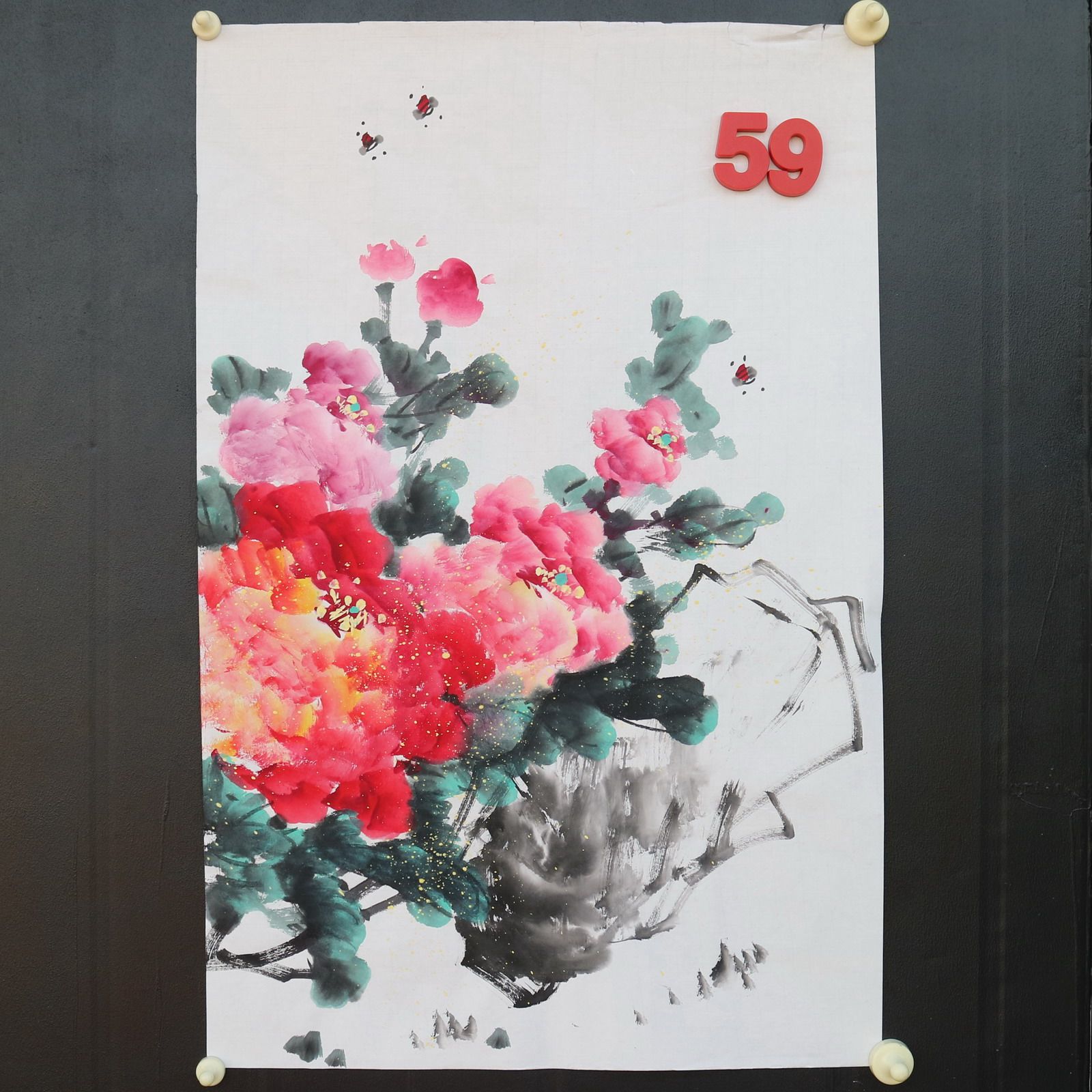 特价手绘无款四尺三开竖幅牡丹花鸟国画家居装饰字画RX5120159