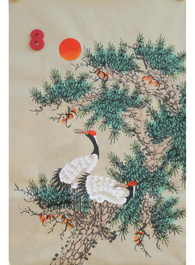 特价手绘竖幅无款四尺三开松树仙鹤松鹤延年国画装饰字画RC6508