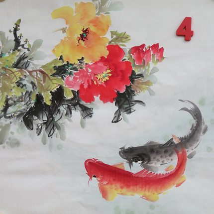 手绘无款三尺斗方牡丹花鸟鱼富贵有余客厅装饰家居国画RM653104