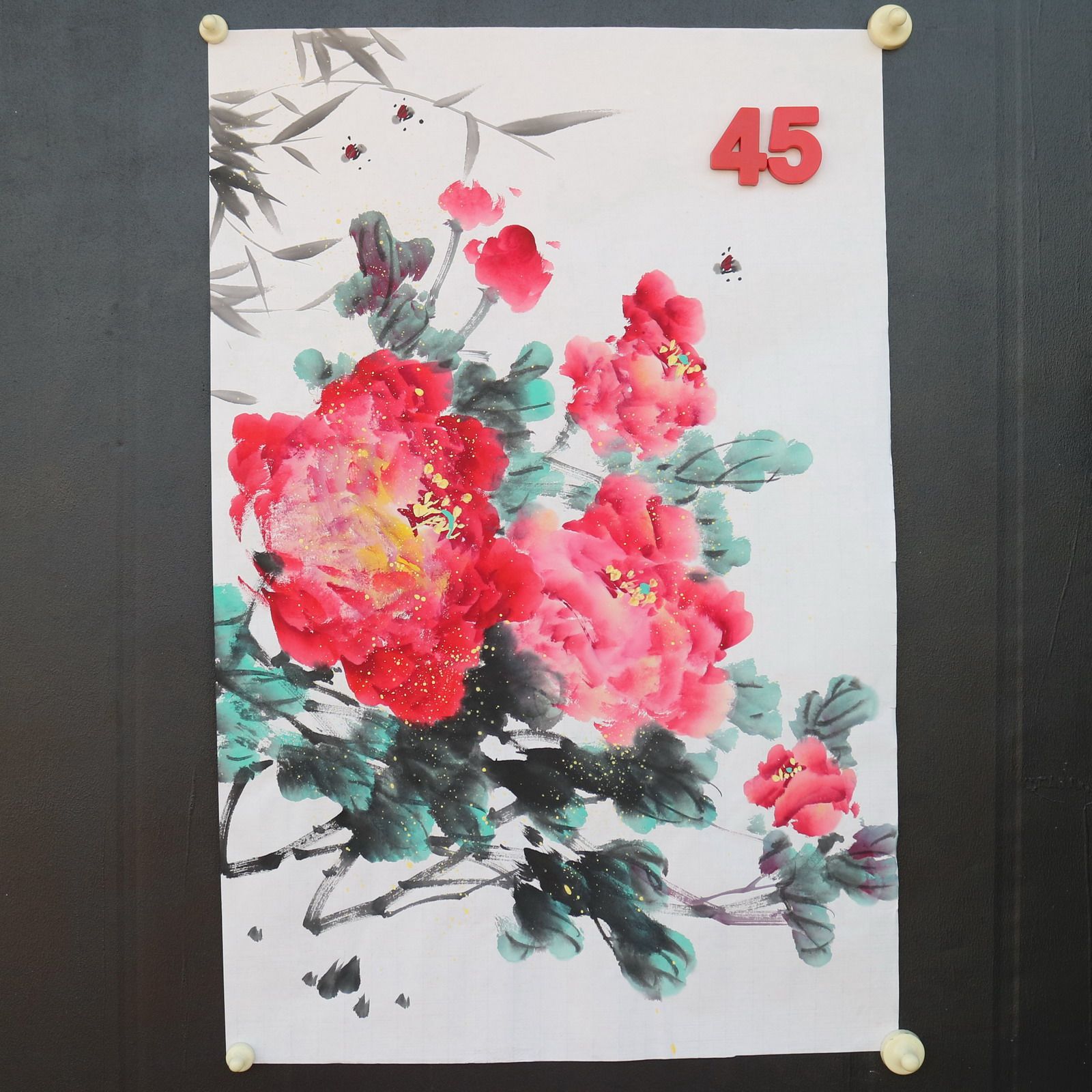 特价手绘无款四尺三开竖幅牡丹花鸟国画家居装饰字画RX5120145