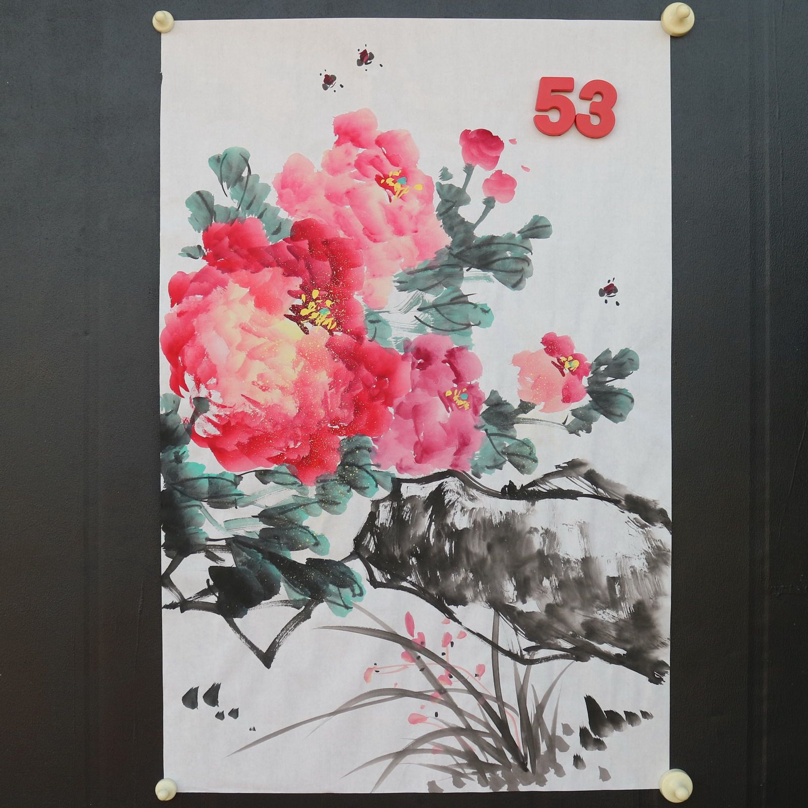 特价手绘无款四尺三开竖幅牡丹花鸟国画家居装饰字画RX5120153