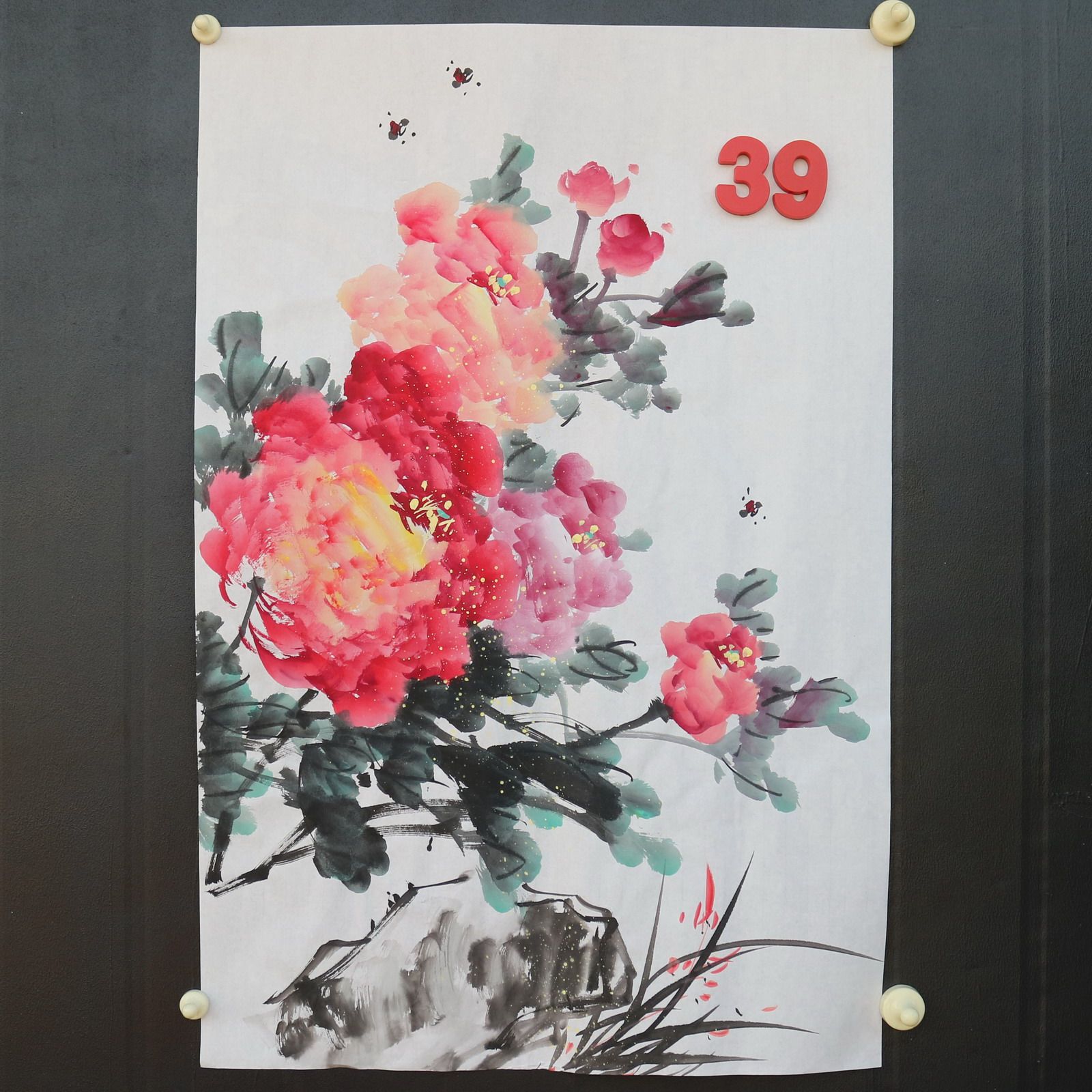 特价手绘无款四尺三开竖幅牡丹花鸟国画家居装饰字画RX5120139