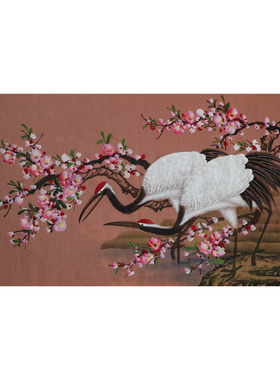 精品手绘国画四尺仙'鹤工兼写桃花双寿图无款花鸟装饰画RX60403