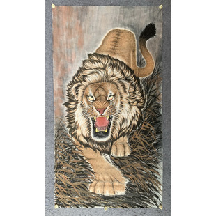 特价手绘无款国画六尺竖幅雄狮子图走兽花鸟装饰字画RT60401