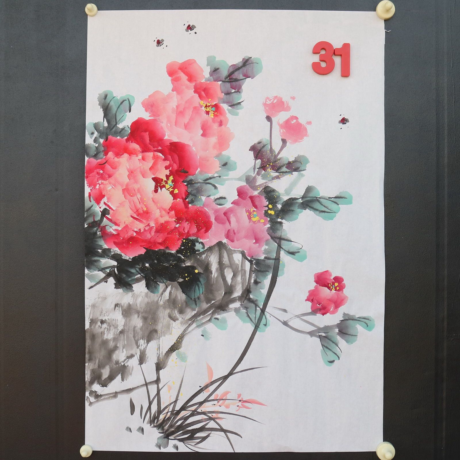 特价手绘无款四尺三开竖幅牡丹花鸟国画家居装饰字画RX5120131