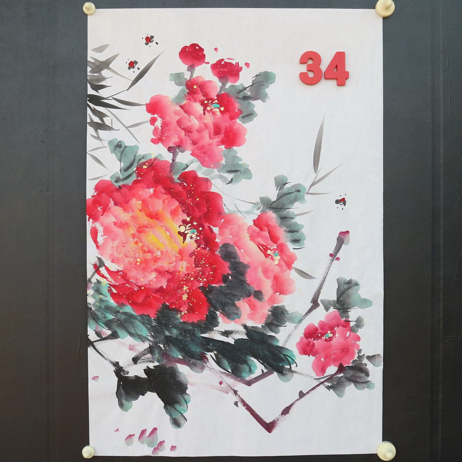 特价手绘无款四尺三开竖幅牡丹花鸟国画家居装饰字画RX5120134