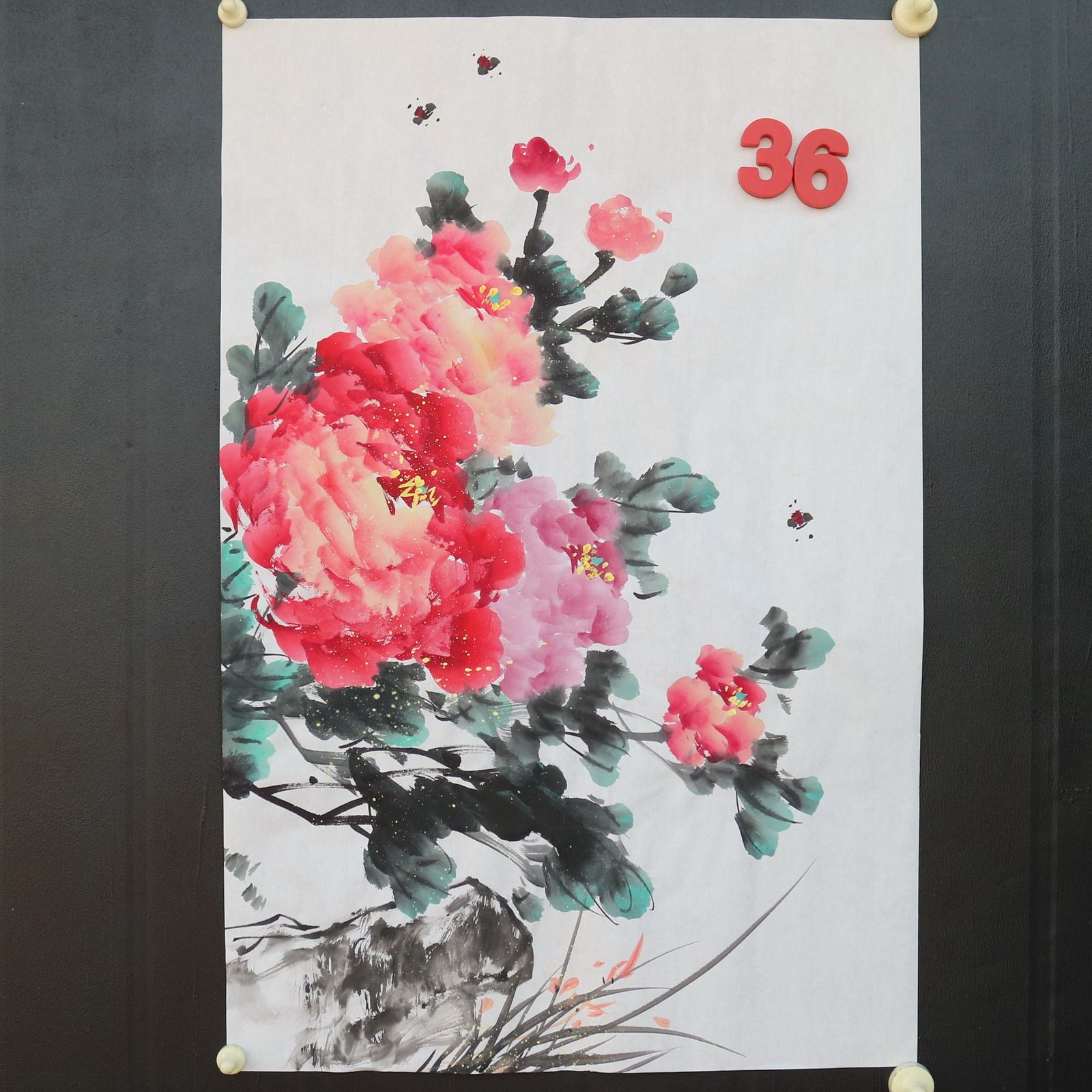 特价手绘无款四尺三开竖幅牡丹花鸟国画家居装饰字画RX5120136