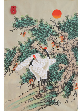 特价手绘竖幅无款四尺三开松树仙鹤松鹤延年国画装饰字画RC6506