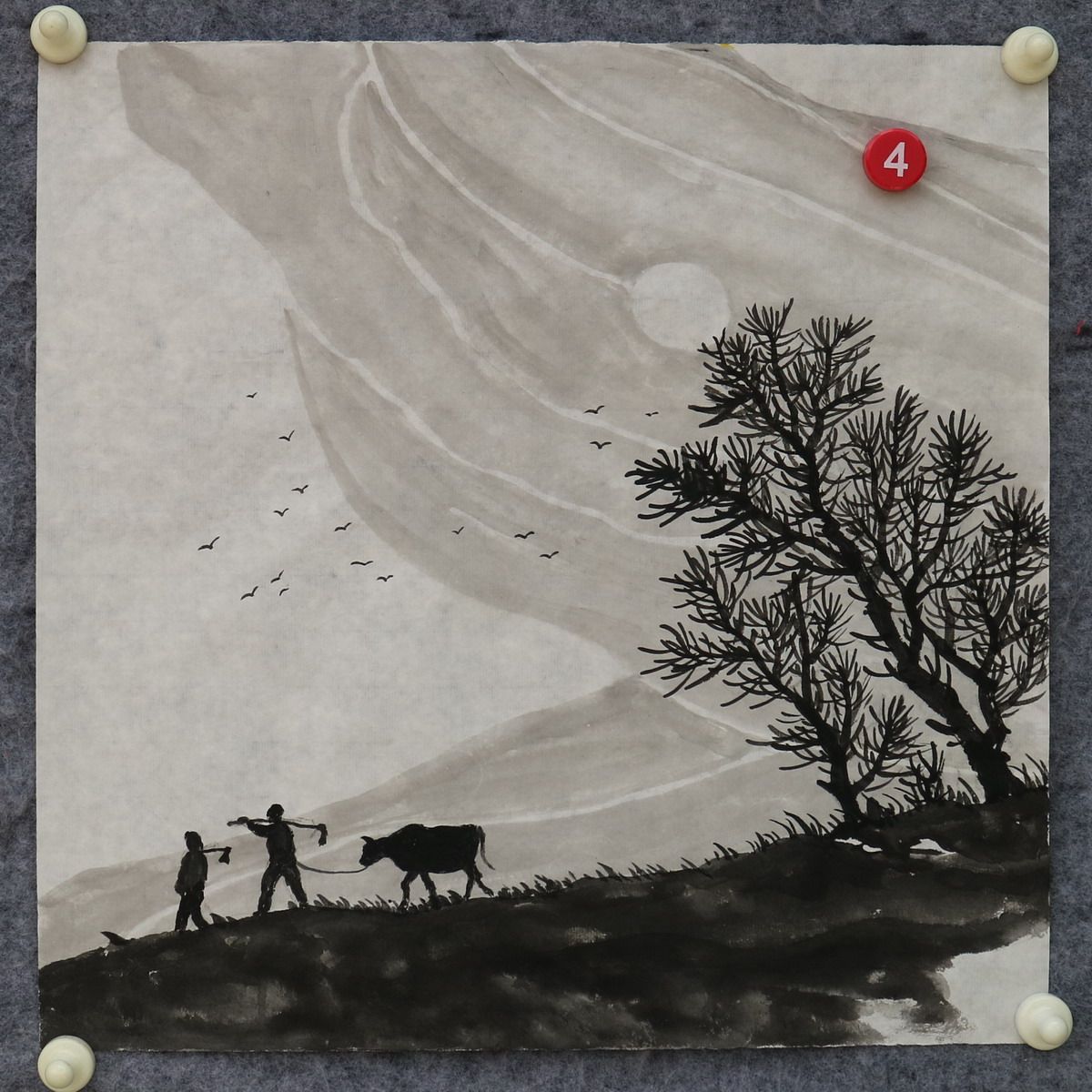 特价手绘水墨无款宣纸原稿国画四尺八开小品故乡情田园山水RC5604