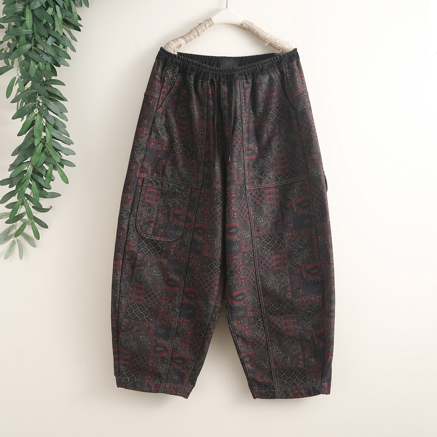 民族风复古印花加绒加厚牛仔裤女大码宽松保暖碎花垮裤阔腿哈伦裤