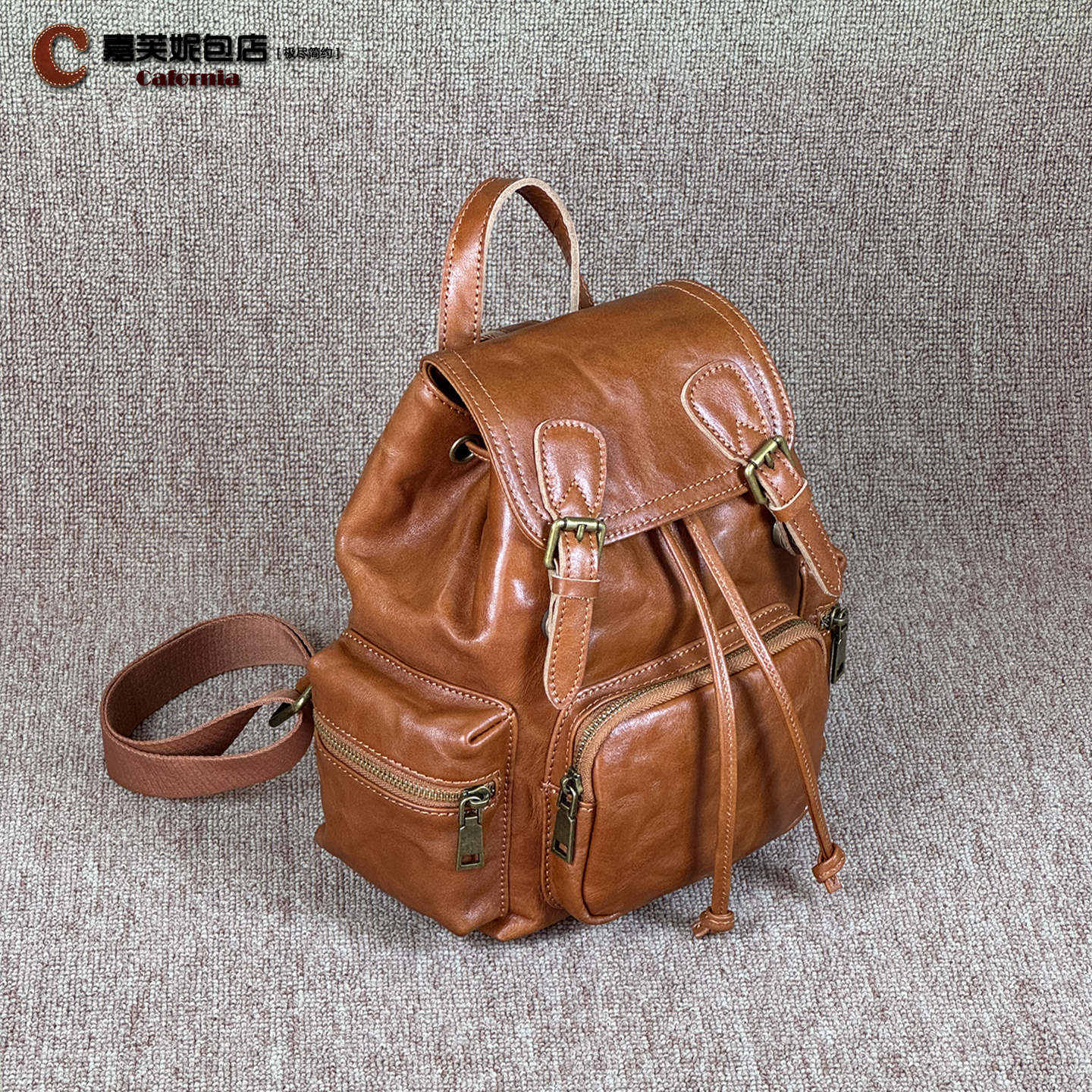 cafornia时尚双肩女背包头层牛皮手抓纹真皮手提单肩包大容量植鞣