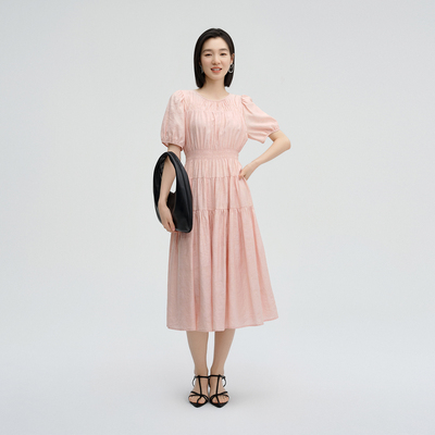 夏季甜美淑女泡泡袖收腰连衣裙