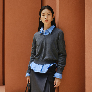 新款 休闲V领毛衣女26春季 通勤显瘦下摆罗纹针织毛衣 柔光定势