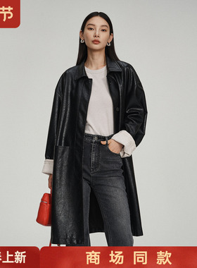 2026早春新品长款PU皮衣夹克女士翻领防风外套挺阔肌质感休闲时尚
