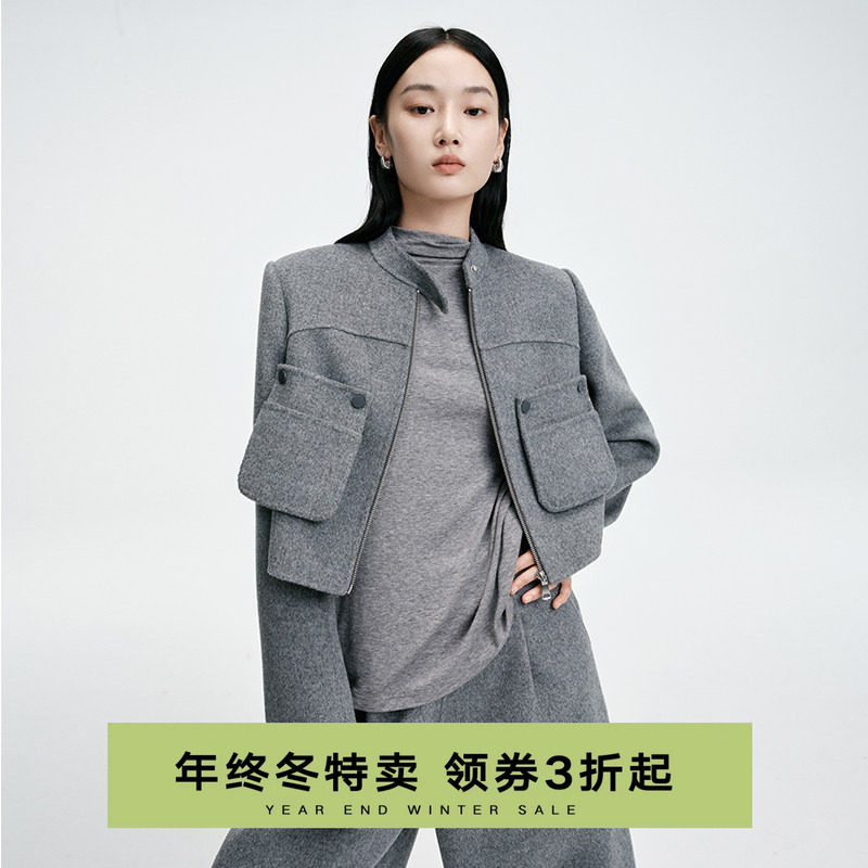 2025冬季新款纯羊毛外套女柔软舒适休闲宽松口袋设计感立领短大衣