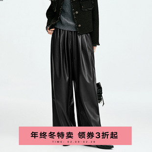 2025冬季新款PU皮裤女士加绒休闲时尚保暖宽松显瘦复古简约阔腿裤