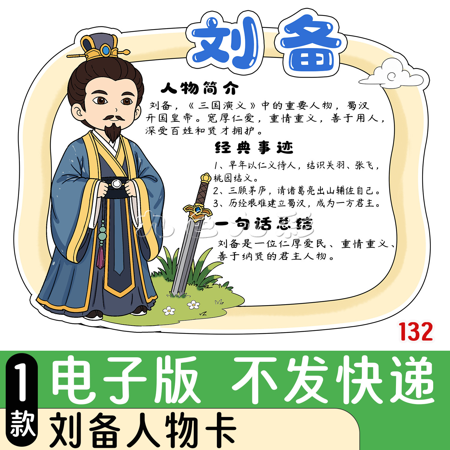 132【电子版】三国演义刘备人物卡手抄报小学生可打印A4黑灰线稿