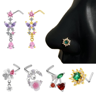 花朵鼻钉L杆满钻超闪迷你小巧小花鼻环20G弯杆穿刺饰品辣妹鼻饰