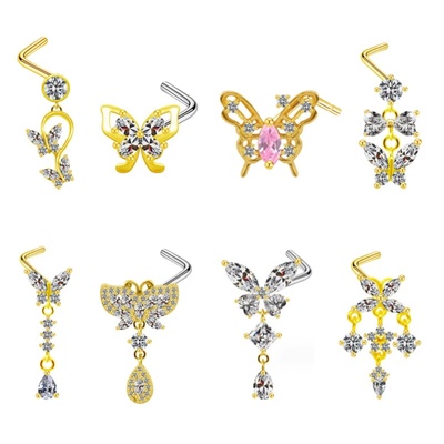 简欧美跨境ins外贸辣妹蝴蝶满钻锆石鼻钉鼻环穿孔饰品Nose Ring