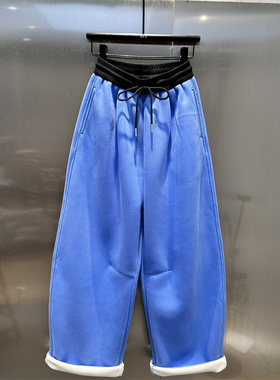 蔚蓝色时尚高端欧货松紧腰休闲弯刀裤女2025冬季新款加绒加厚卫裤