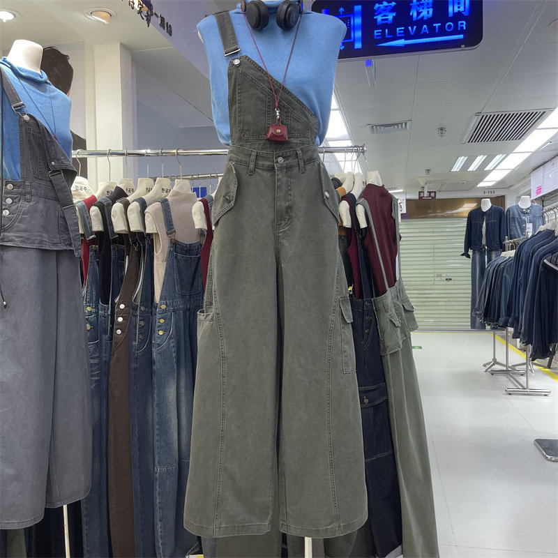 韩版工装风设计牛仔背带裤女秋季时尚百搭显瘦高腰阔腿连体长裤