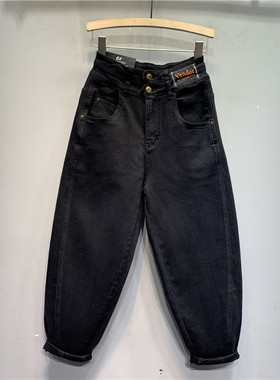 欧货2025春季新款高腰两粒扣黑色水洗棉弹老爹牛仔垮裤洋气哈伦裤