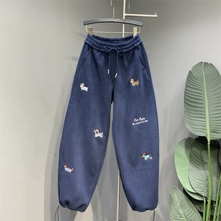 宽松束脚休闲裤 女2025冬新款 百搭加绒加厚卫裤 小狗刺绣设计感时尚