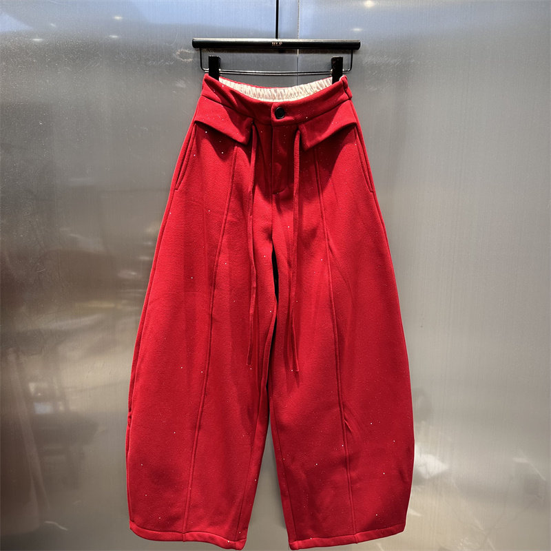 美式红色细闪宽松休闲裤女2025年冬季新款小众洋气加绒保暖阔腿裤,女装/女士精品,休闲裤,淘宝优惠券,粉丝福利购,淘宝优惠卷