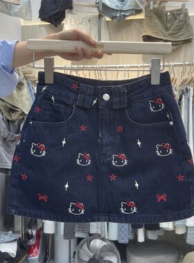小猫刺绣甜辣减龄黑色高腰牛仔半身裙小个子a字短裙女