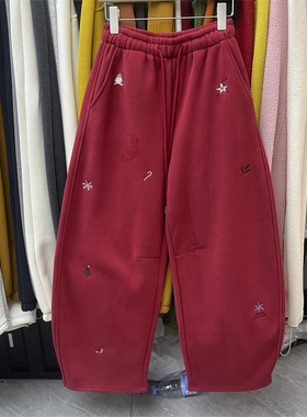 红色圣诞氛围感减龄卡通刺绣休闲弯刀裤女2025年冬季新款运动长裤