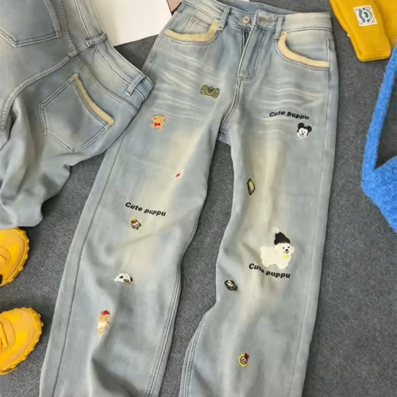 韩版加绒加厚狗狗刺绣时尚百搭牛仔裤2024冬季新款宽松显瘦直筒裤