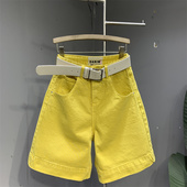 简约百搭宽松阔腿短裤 洋气时尚 欧货2026年夏款 黄色休闲五分牛仔裤