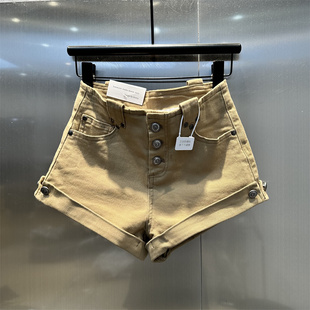 卡其色多纽扣设计小众牛仔裤女2025秋季新款高腰显瘦洋气直筒短裤