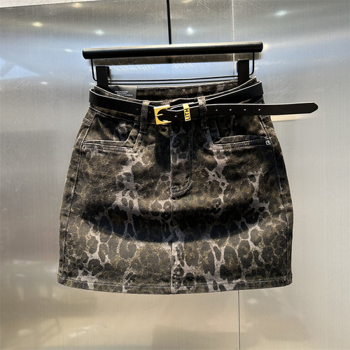 灰绿色豹纹牛仔半身裙弹力高腰