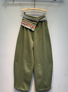 美式复古军绿色休闲弯刀裤女2025年冬季新款加绒加厚舒适运动卫裤