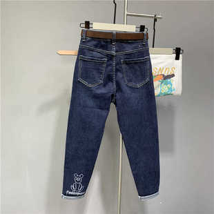 百搭小脚老爹裤 可爱小熊刺绣深蓝色哈伦牛仔裤 潮 新款 欧货2025春季