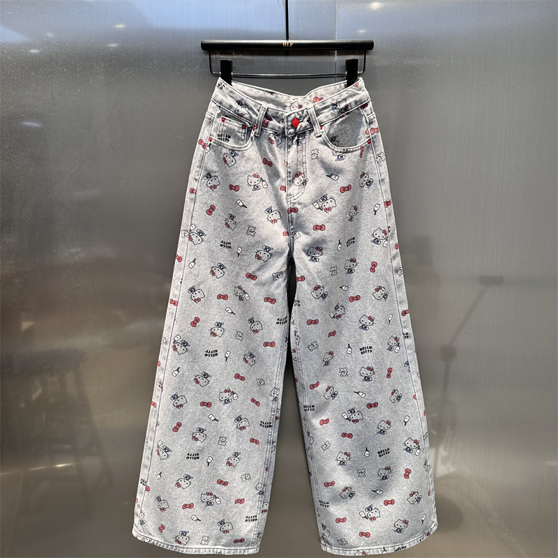 卡通小猫印花时髦阔腿牛仔裤女2026春夏新款显瘦高腰洋气宽松长裤