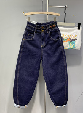 洋气贴布明线走线深蓝色牛仔垮裤欧货2025春季新款宽松小脚老爹裤